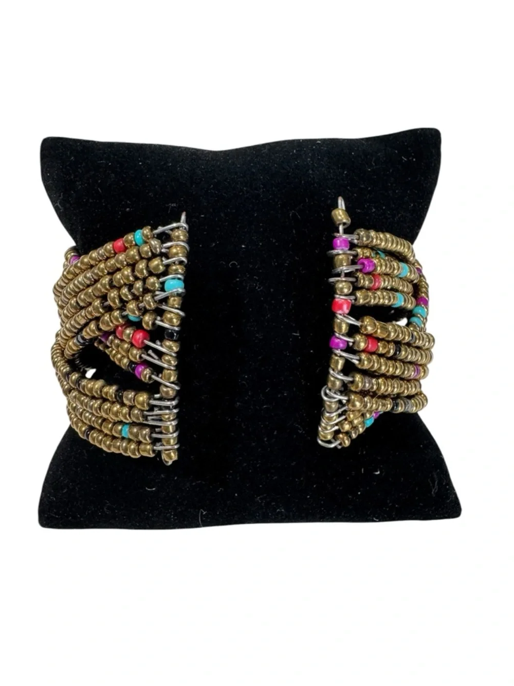Multi-Strand Gold Beaded Turquoise & Fuchsia Accents Cuff Bracelet 1.5" Wide - Picture 2 of 5